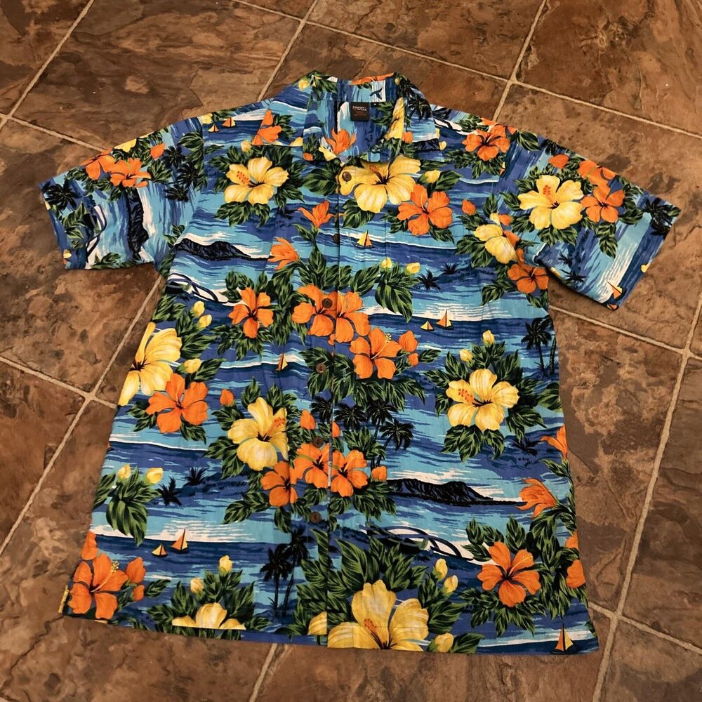 Squish Wear Small Hawaiian Shirt Aloha Camp Cotton Tropical Yellow Hibiscus Logo